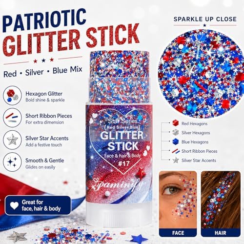 Red White Blue Hair Glitter Stick,4th of July Patriotic America Stripe Star Face Body Glitter,Fourth of July Accessories,Independence Day Waterproof Cheer Glitter Makeup for Women - Image 6