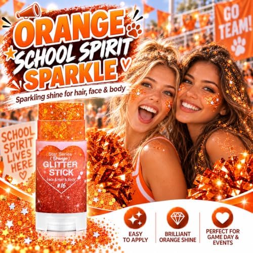 Orange Hair Glitter Stick, Face Body Glitter Makeup for Women and Kids, Chunky Shimmer Sequins for Halloween Autumn Cosplay Makeup, Rave Festival Singer Concert Cheer Spirit Day Outfits Accessories - Image 2