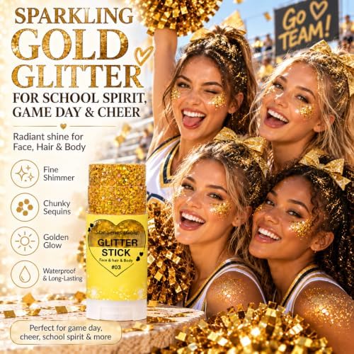 Gold Hair Glitter Stick, Yellow Face Body Glitter Makeup for Women, School Spirit Week Game Day Cheer Football Accessories, Chunky Sequins for Halloween Singer Concert Rave Festival Mardi Gras - Image 2