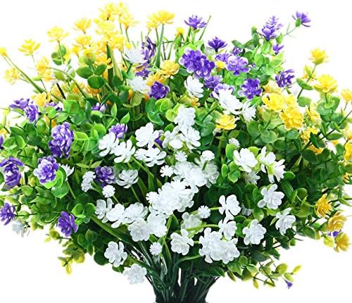 WILLBOND 12 Bundles UV Resistant Faux Flowers, Yellow, Purple, White by Willbond+Technology+Limited