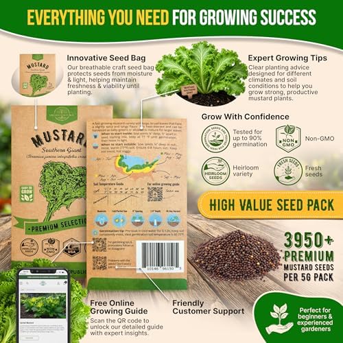 Mustard Southern Giant Seeds Pack 5 G - Over 3,950 Non-GMO Heirloom Mustard Seeds for Planting Greens in Individual Seed Packet, Greens Seeds for Planting Home Garden Indoor & Outdoor - Image 3