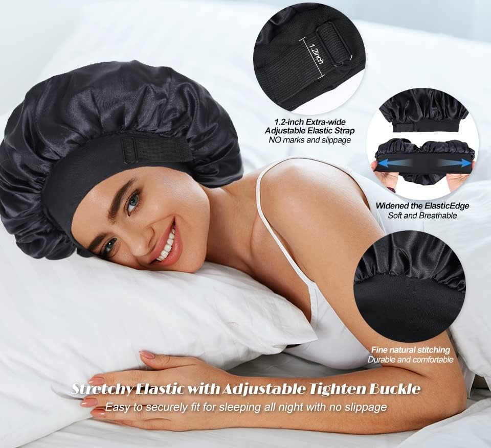 Double Layer Adjustable Satin Bonnets for Sleeping (Black and Pink) - Image 6