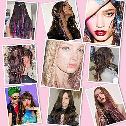 Rainbow Hair Tinsel Pack of 12 Pcs Clip in Hair Tinsel 20 Inch Glitter Tinsel Hair Extensions, Festival Tinsel Fairy Hair Extension Party Dazzle Hair Accessories Strands Kit (12Pcs,Rainbow#) - Image 6