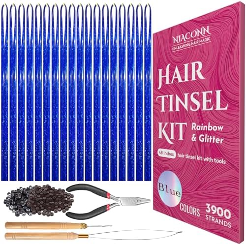 NIACONN Glitter Hair Tinsel Extensions Kit Blue with Tools and Beads, 48 Inch Sparkly Fairy Colorful Tensile Strands Shiny Hair Accessories for Women Girls Kids by NIACONN