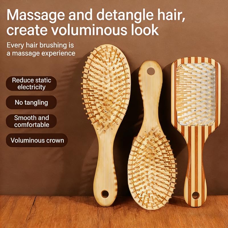 Women Men Natural Bamboo Hair Brush with Air Cushion, Scalp Massage Hairbrush with Hang Hole Bamboo Paddle for All Hair Types (Large) - Image 5