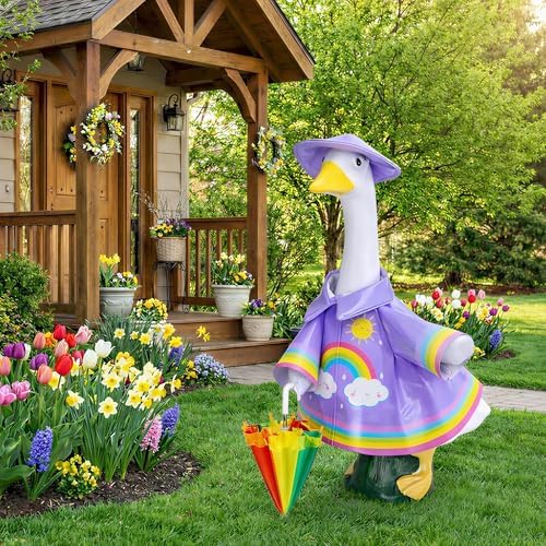 DECOHS 3 Pcs/Set Raincoat Porch Goose Outfits, Summer Lawn Goose Statue Raincoat Costume, Yard Goose Clothes Raincoats Umbrella Hat Outfit for 23" Statue Patio Garden Decoration (Purple Rainbow) - Image 6
