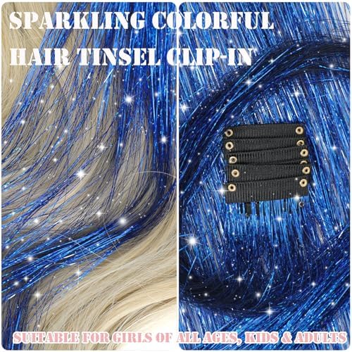 Hair Tinsel Kit 18 Pcs Hair Tinsel Clip in Fuller Sparkle, Heat Resistant Clip in Glitter Tinsel Hair Extensions Fairy Blue Hair Accessories for Women Girls Daily Party Festival (Sapphire Blue) - Image 2