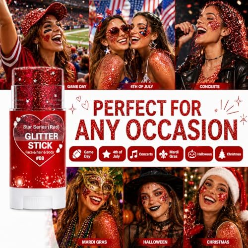 Red Hair Glitter Stick, Face Body Glitter Stick Makeup for Women Girls, School Spirit Week Game Day Cheer Football Accessories, Chunky Shimmer Sequins for Halloween Costume, Concert Festival - Image 7
