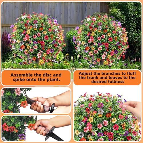 27.5" Artificial Flowers Boxwood Topiary Ball Tree Set of 2, UV Resistant Fake Bushes Shrubs with Ground Spike, Faux Evergreen Tree for Front Porch Outdoor Garden Decor - Image 6