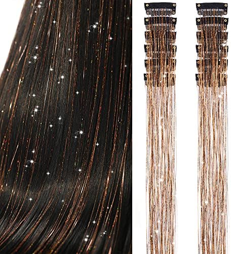 Clip in Hair Tinsel, Pack of 12Pcs,20 Inch Glitter Tinsel Hair Extensions, Festival Tinsel Fairy Hair Extension Party Dazzle Hair Accessories Strands Kit for Women Girls (12Pcs,Champagne#) by Umylar