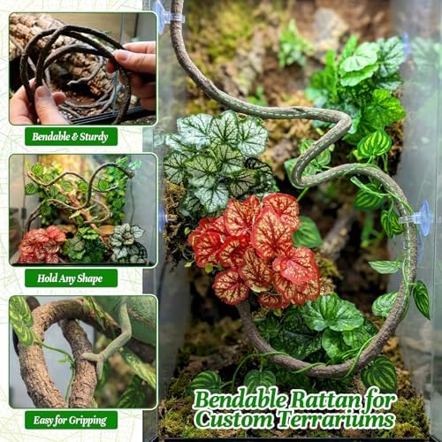 5 Pc Reptile Plants & Habitat Decor Kit - 3 Artificial Plants & Large 3.3ft Jungle Vine Branch, Amphibian Habitat Hideout Decor Accessories for Crested Gecko, Bearded Dragon, Lizard, Snake,Hermit Crab - Image 5