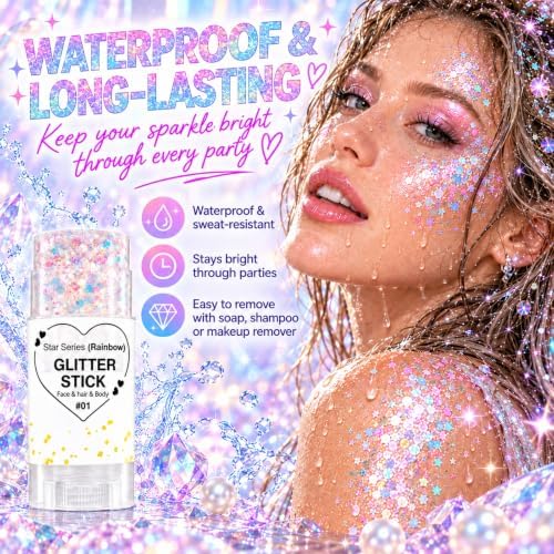 Rainbow White Hair Glitter Stick for Kids, Face Body Glitter Stick for Halloween Mermaid Fairy Costume Makeup, Chunky Sequins Rave Outfit for Women, Mardi Gras Accessories, Cheer Concert Cosplay - Image 5