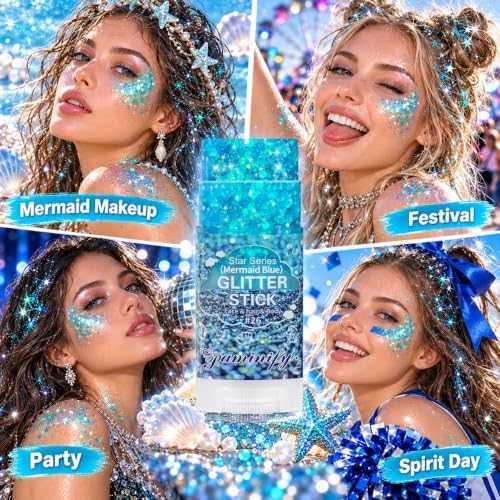 Iridescent Blue Hair Face Glitter Stick,Waterproof Mermaid Light Blue Body Glitter Stick,Spirit Day Accessories for Football Game Day,Halloween Festival Rave Concert Carnival Party Makeup - Image 5