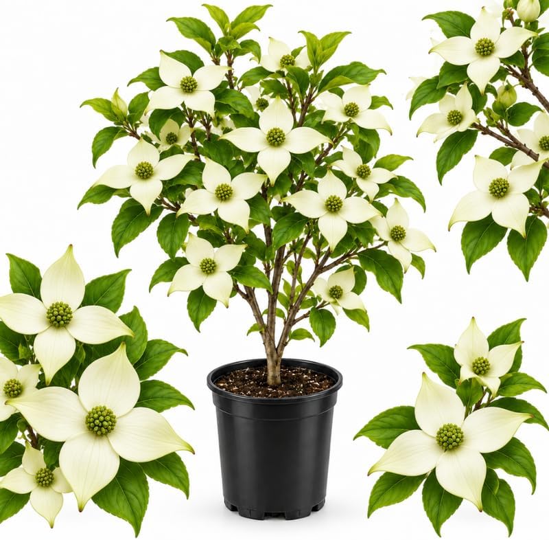 Kousa Japanese Dogwood Tree Live Plant, 10-16 Inch Tall in Quart Pot, White Flowering Ornamental Tree, Cold-Hardy Flowering Shrub for Home Garden by GINGERGLOW