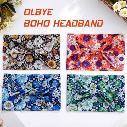 Olbye Wide Boho Headbands Floral Stretch Head Wraps Bohemian African Turban Hairbands Knotted Bandana Headband Yoga Running Head Scarfs Workout Hair Accessories for Women 4Pcs (Floral, 9.4 * 5.9'') - Image 2