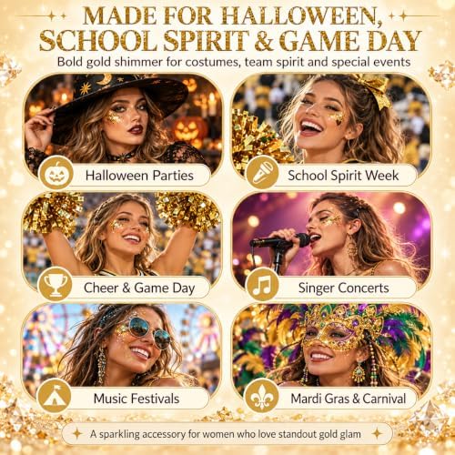 Gold Hair Glitter Stick, Yellow Face Body Glitter Makeup for Women, School Spirit Week Game Day Cheer Football Accessories, Chunky Sequins for Halloween Singer Concert Rave Festival Mardi Gras - Image 7
