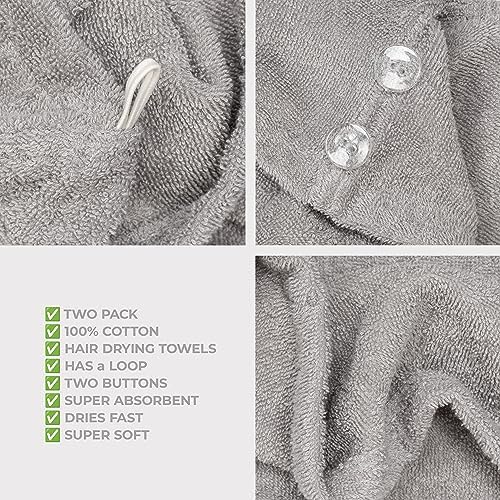 American Soft Linen 100% Cotton Hair Towels for Women, Head Towel Cap, Cotton Hair Turban Towel Wrap for Long Curly Anti Frizz Hair, Soft and Absorbent Cotton Hair Towels 2 Pack, Light Gray - Image 5