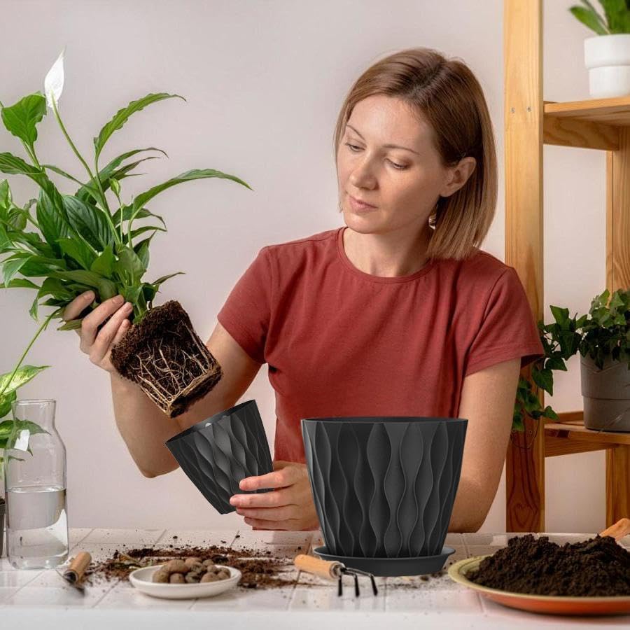 7 Inch Plant Pots 5 Pack, Flower Planters with Drainage Holes and Trays,Plastic Pots for Indoor Outdoor Plants,Black - Image 5