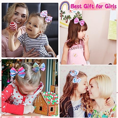 5 Inch Hair Bows for Girls,Colorful Rainbow Heart Girls Hair Bows - Image 2