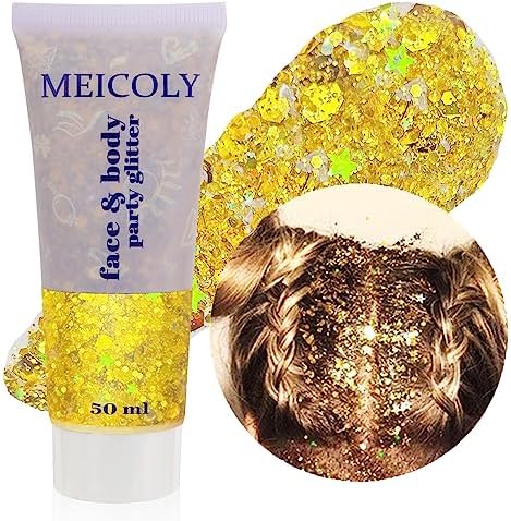 MEICOLY Gold Body Glitter,Yellow Face Glitter,Holographic Halloween Game Day Spirit Day Hair Glitter Makeup,Self-Adhesive Sparkle Face Body Glitter for Kids,Mardi Gras Accessories by MEICOLY