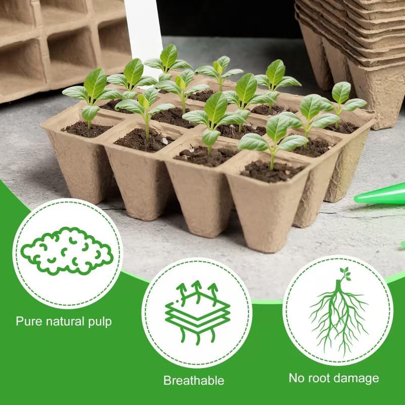 240 Cells Seed Thickened 12-Cell Peat Pots Seed Starter Kit - 20 Trays + Transplanting Tools & Plant Labels, Root-Friendly Seedling Cups for Vegetables Flowers Herbs Seed Starting - Image 3
