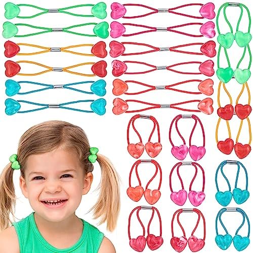 Expressions 24 Count Heart-Shaped Bright Multicolored Twin Bead Ponytail Hair Elastics Collection - Hair Ties for Girls, Hair Accessories for Kids, Hair Ties for Toddler Girls, Ball Ponytail Holders by Expressions