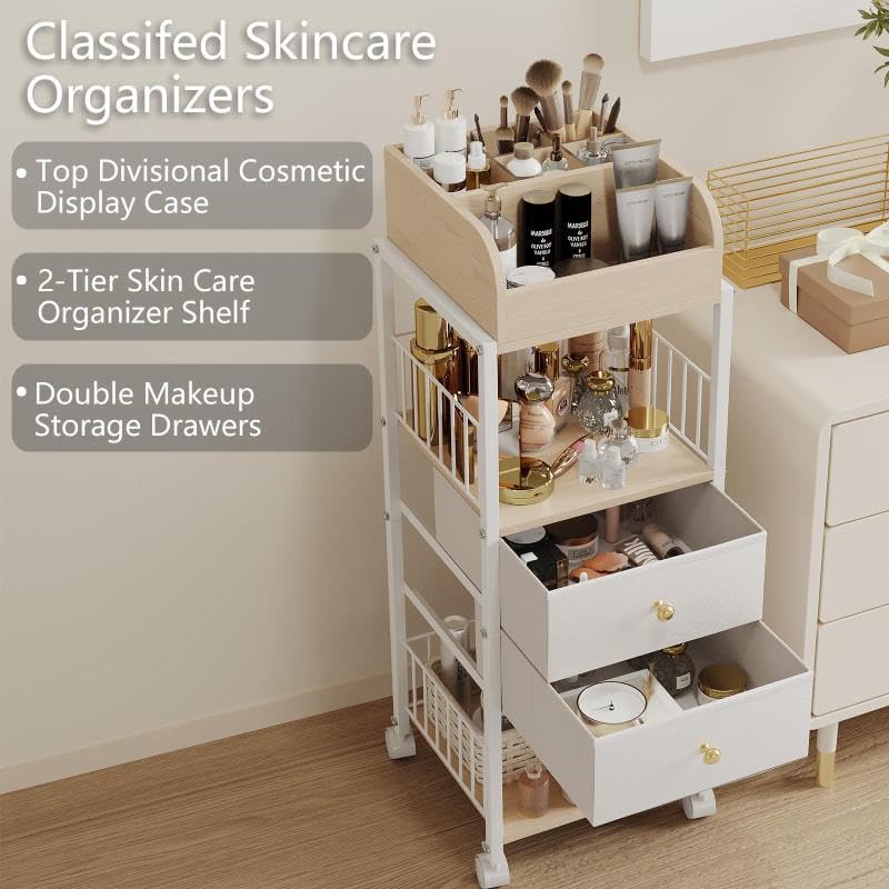 Floor Makeup Organizer Storage Cart Rolling Makeup Cart with Drawers - Image 4