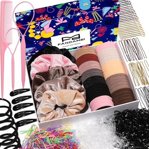FANDAMEI Hair Ties Kit for Women, Velvet Scrunchies, Elastic Rubber Bands, Seamless Hair Ties, Hair Clips, Bobby Pins, U Shaped Hair Pins for Styling, Hair Accessories Kit by FANDAMEI