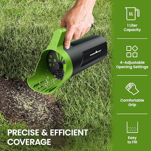 Garden Guru Handheld Seed Spreader Shaker – Multi Use Grass Seed, Fertilizer, Ice & Snow Melt Spreader – Adjustable Twist Cap w Multiple Size Openings – Lightweight 1L Capacity Hand Seeder (4 Pack) - Image 2