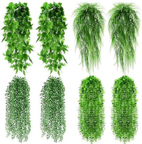 Daifunli 8 Pcs Artificial Hanging Plants Fake Hanging Ferns Plastic Faux Plants for Wall Room Garden Garland Indoor Outdoor Decor No Basket (Boston,Eucalyptus,Ivy Vine,String of Pearls) by Huiinen