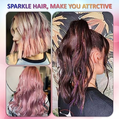 Pink Fairy Hair Tinsel Kit 48 Inches 1200 Strands with Tools and Instruction Easy to Install Glitter Tinsel Hair Extensions for Women and Girls，Shinny Sparkling Braiding Hair Accessories for Halloween Cosplay Party - Image 3