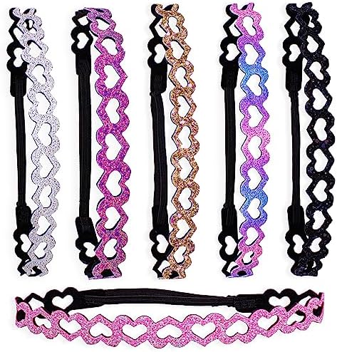 FROG SAC 6 Glitter Headbands for Girls, Adjustable Non Slip Thin Elastic Hair Bands for Kids, Stretch Heart Zig Zag Girl Hair Accessories, Sparkly Headband, Head Band Hairband (Multicolor 1, Kids) by FROGSAC
