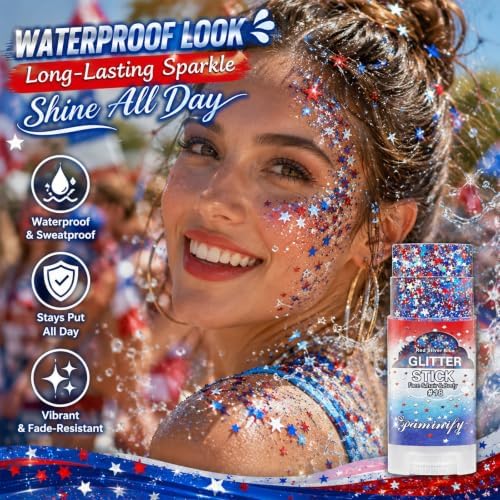 Red White Blue Star Hair Glitter Stick,4th of July Patriotic America Flag Star Face Body Glitter Stick, Independence Day Outfits for Women, Fourth of July Waterproof Makeup for Veterans Day - Image 5