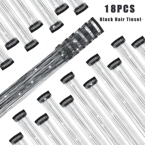 18 Pcs Hair Tinsel Clip in, 20.5 Inch Glitter Tinsel Hair Extensions, Shiny Sparkling Fairy Hair Tinsel Clips, Dazzling Party Hair Accessories for Girls Women Kids (Black) - Image 2