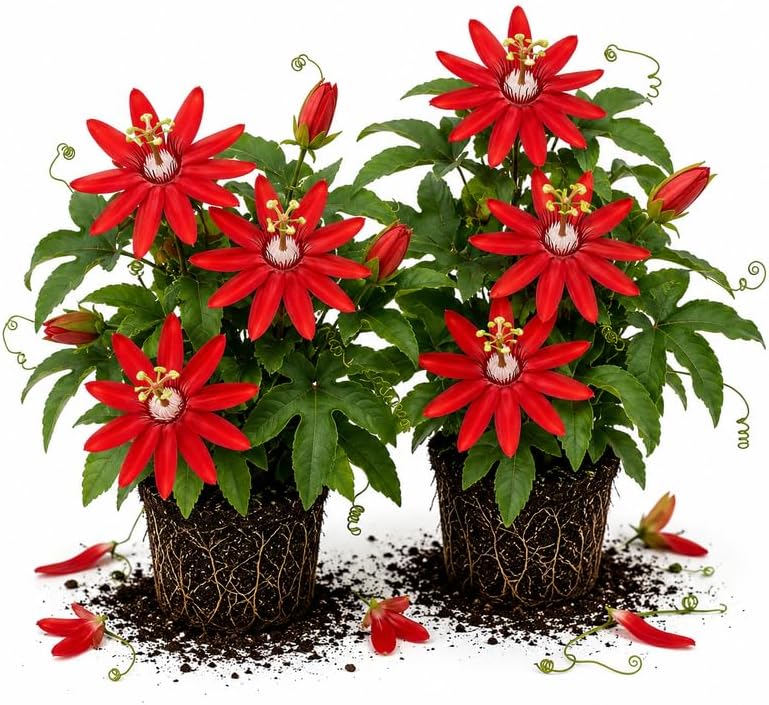 2 Red Passiflora Plants, Colorful Passion Flower Vines, 4-7'' Tall by UIOTER