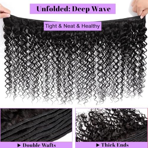 Deep Wave Human Hair Bundles 28 30 32 Inch Deep Wave Bundles 100% Unprocessed Brazilian Virgin Hair 3 Bundles Curly Bundles Hair Extensions Real Human Hair Wavy Quick Weave Bundles Natural Black - Image 5