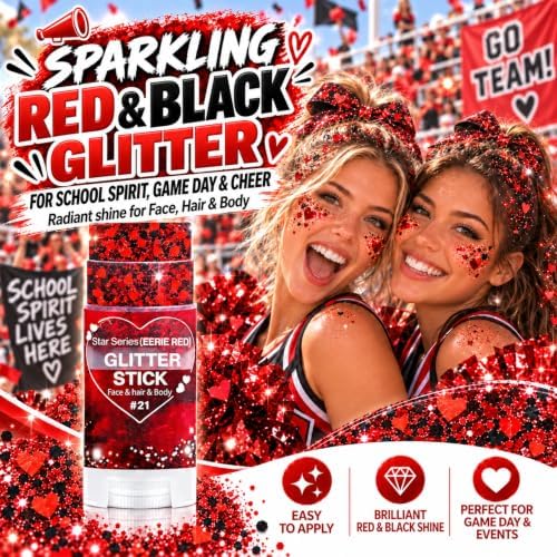 Red and Black Hair Glitter Stick, Face Body Glitter Makeup, Red Black School Spirit Week Game Day Cheer Football Accessories, Heart Chunky Sequins for Halloween Vampire Devil Witch Clown Rave Festival - Image 2