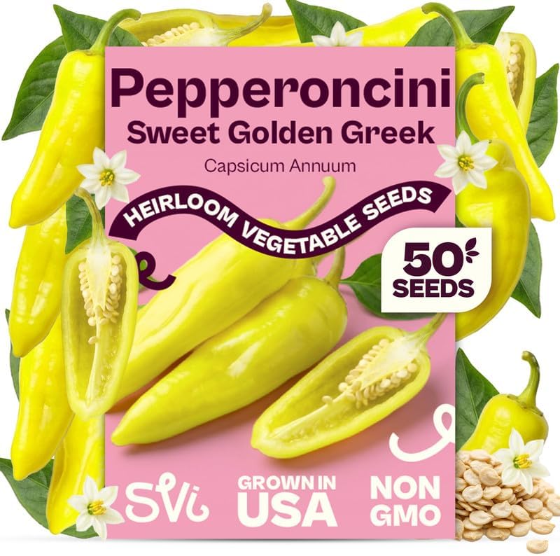 SVI 50 Pepperoncini Greek Golden Pepper Seeds (Capsicum annuum) – Greek Pepperoncini Peppers Seed Packets, Mild Sweet Peppers – Heirloom Vegetable Seeds for Home Garden, Raised Beds, Containers by SVI