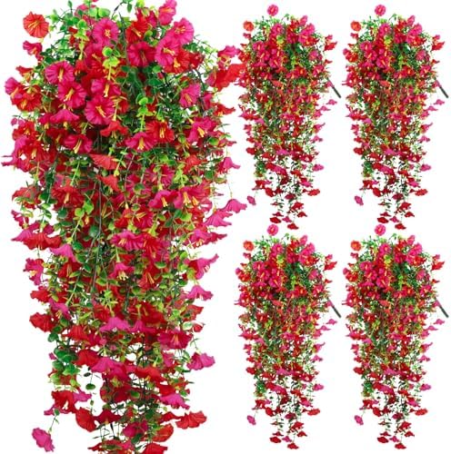 4-Pack Fake Hanging Plants, Faux Hanging Plant Artificial Greenery for Living Room Bedroom Boho Wall Shelf Indoor Outdoor Decor (Light Purple Pink Morning Glory) by Unknown