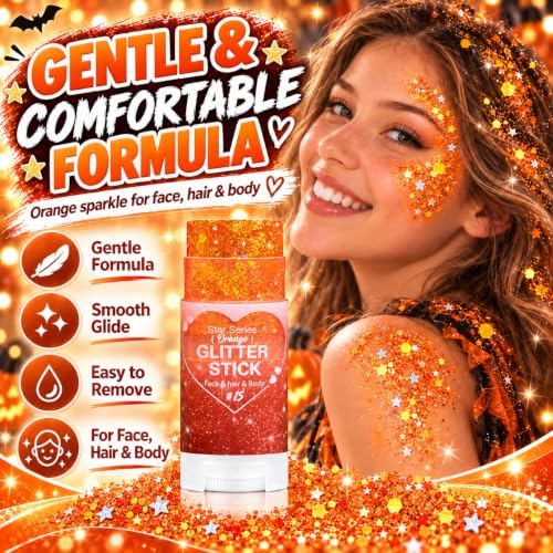 Orange Hair Glitter Stick, Face Body Glitter Makeup for Women and Kids, Chunky Shimmer Sequins for Halloween Autumn Cosplay Makeup, Rave Festival Singer Concert Cheer Spirit Day Outfits Accessories - Image 5