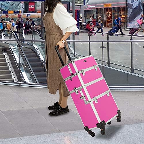 mefeir 3 in 1 Rolling Makeup Train Case, Aluminum Makeup Travel Organizer Cosmetic Case, Cosmetology Display Suitcase on Wheels, Beauty Storage Luggage Lockable w/4 Removable Wheels (Rose-Pink) - Image 2