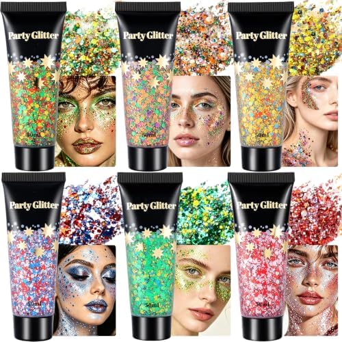 AROIC 6 Pack Glitter Gel 50ml – Face Body Hair Glitter for Festival - Image 3