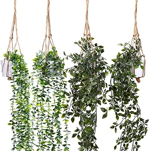 Irenare 4 Pcs Fake Hanging Plants Artificial Indoor Decoration 30 Inch Artificial Hanging Eucalyptus Vines Potted for Home Mandala Greenery for Living Room Office Bedroom Garden Indoor Outdoor(Green) by Irenare