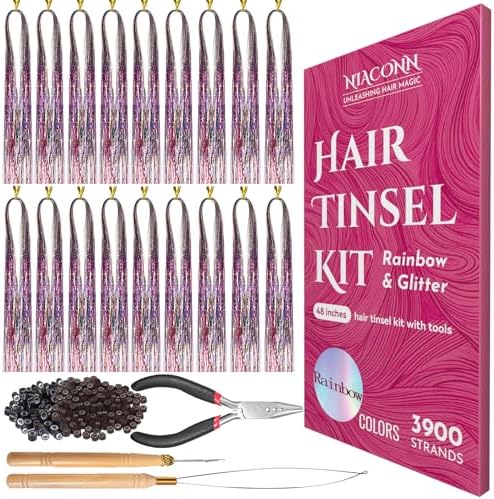 NIACONN Glitter Hair Tinsel Extensions Kit Rainbow Color with Tools and Beads, 48 Inch Sparkly Fairy Colorful Tensile Strands Shiny Hair Accessories for Women Girls Kids by NIACONN
