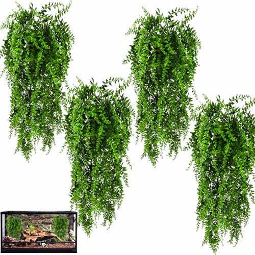 HERCOCCI 4 Pack Reptile Plants, Terrarium Hanging Plants Vines Artificial Leaves Habitat Decorations with Suction Cup for Bearded Dragon Hermit Crab Lizard Snake Geckos Chameleon by HERCOCCI