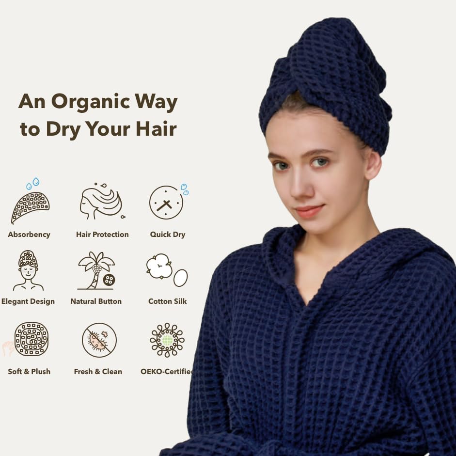 Luxury Organic Japanese Cotton Hair Drying Waffle Towel Wrap for Women | Absorbent, Quick-Dry Head Turban for Shower, Sauna, Spa | Extra Large for Long, Curly, Straight Hair With Button (Blue, 2 Pc) - Image 2