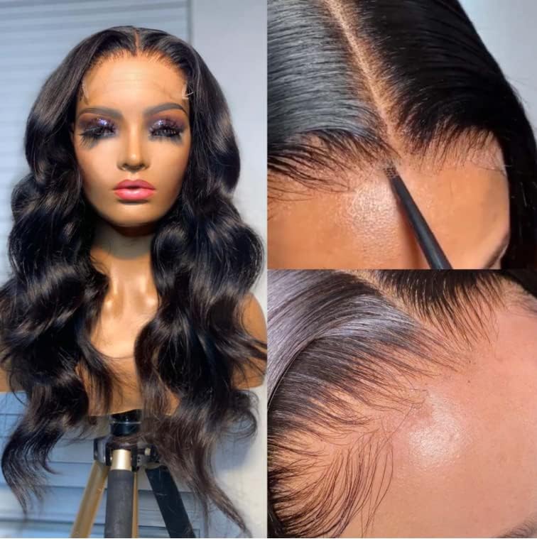 BEEOS 5x5 SKINLIKE Real HD Lace Closure Wig,180% Density Body Wave 0.10mm Ultra-thin Invisible HD Lace Pre-Plucked Bleached Knots Natural Black Human Hair 28 Inch by BEEOS