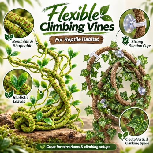 HERCOCCI Reptile Vines, Flexible Jungle Climbing Vines Terrarium Plastic Plants and Leaves Tank Accessories Decor for Gecko Snake Lizard Bearded Dragon Hermit Crab Frog - Image 2