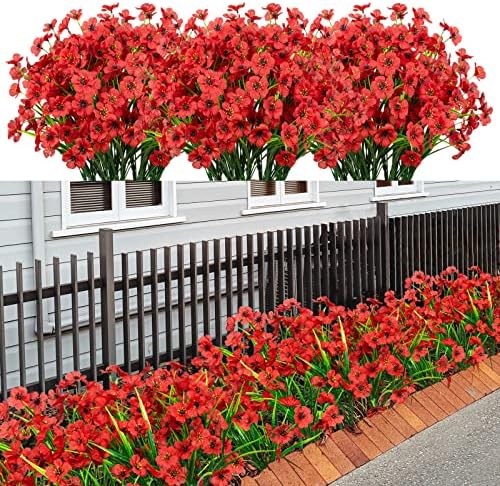 LikSoor 21 Bundles Artificial Outdoor UV Resistant Flowers No Fade Fake Outside Flowers Plastic Greenery Faux Shrubs Garden Porch Window Box Home Decoration (red) by LikSoor