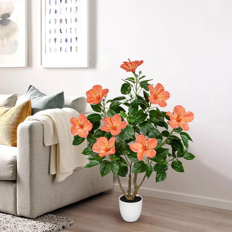 Briful Artificial Hibiscus Tree 2.95ft Tall Real Touch Fake Tree with Orange Flowers Potted Faux Plant Indoor Realistic Floor Plants for Front Porch Outdoor Home, Patio Decor - Image 5